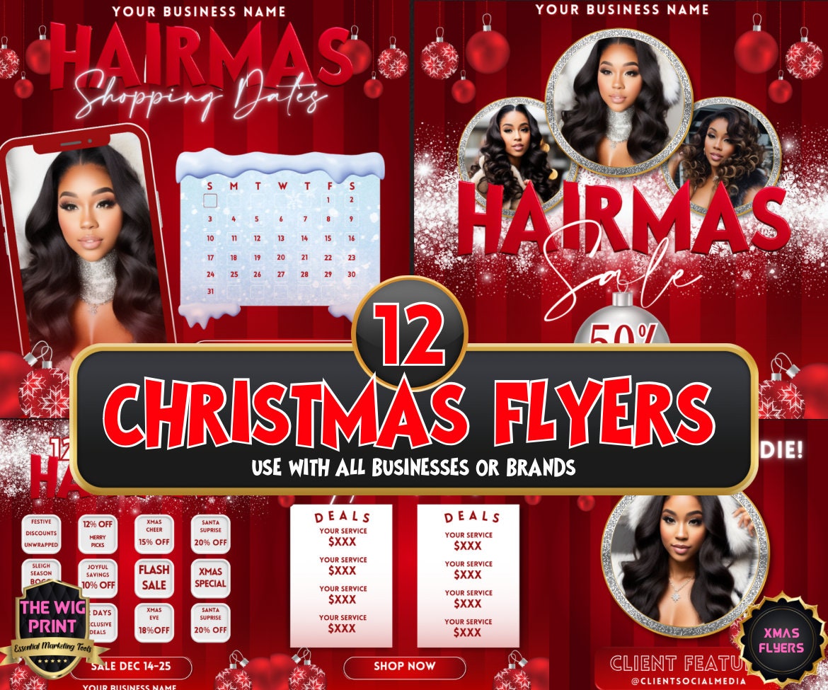 HAIRMAS XMas Bundle | 12 Flyers | Hair + Wig, Nail, Lashes, & Makeup Industry | Pink | DIY | CANVA | Instagram | Facebook