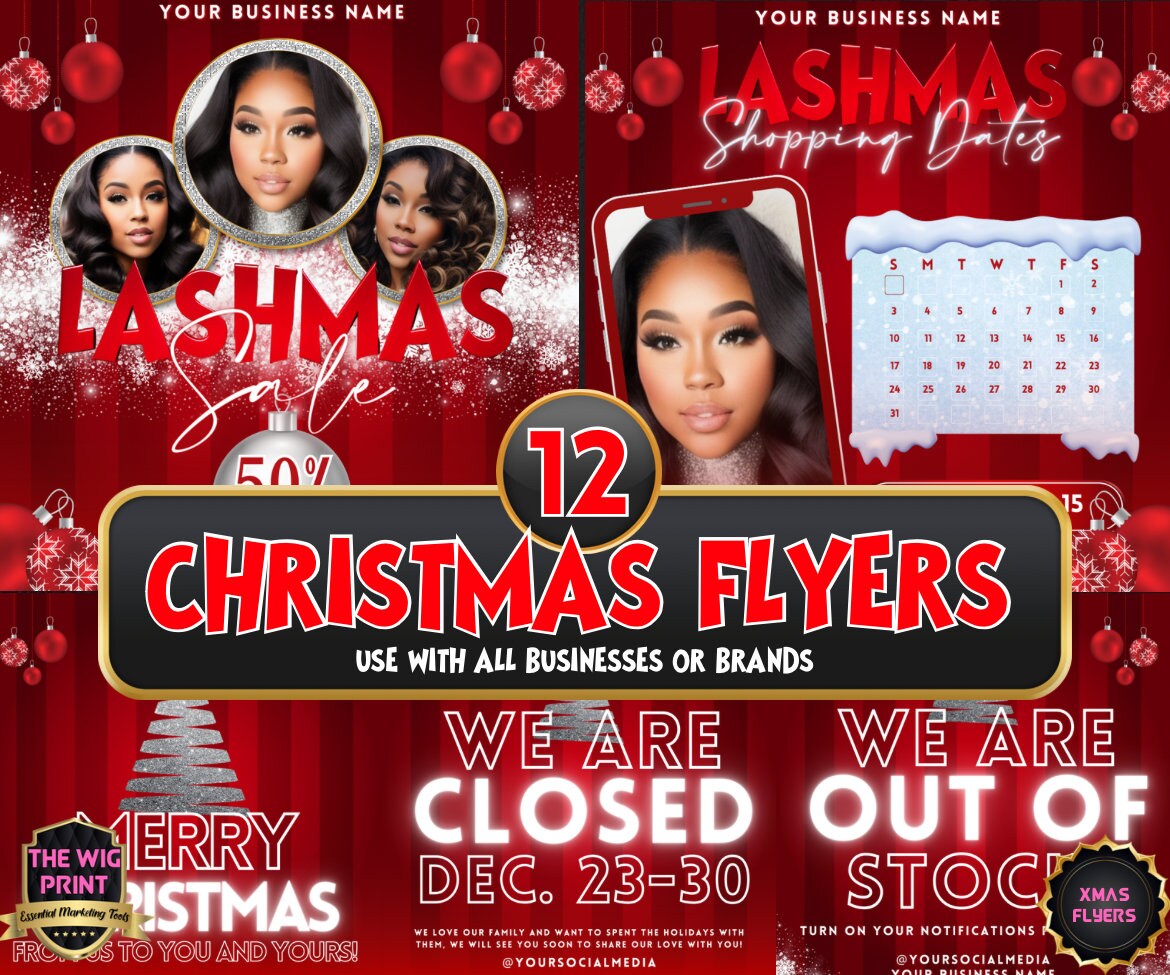 LASHMAS XMas Bundle | 12 Flyers | Hair + Wig, Nail, Lashes, & Makeup Industry | Pink | DIY | CANVA | Instagram | Facebook