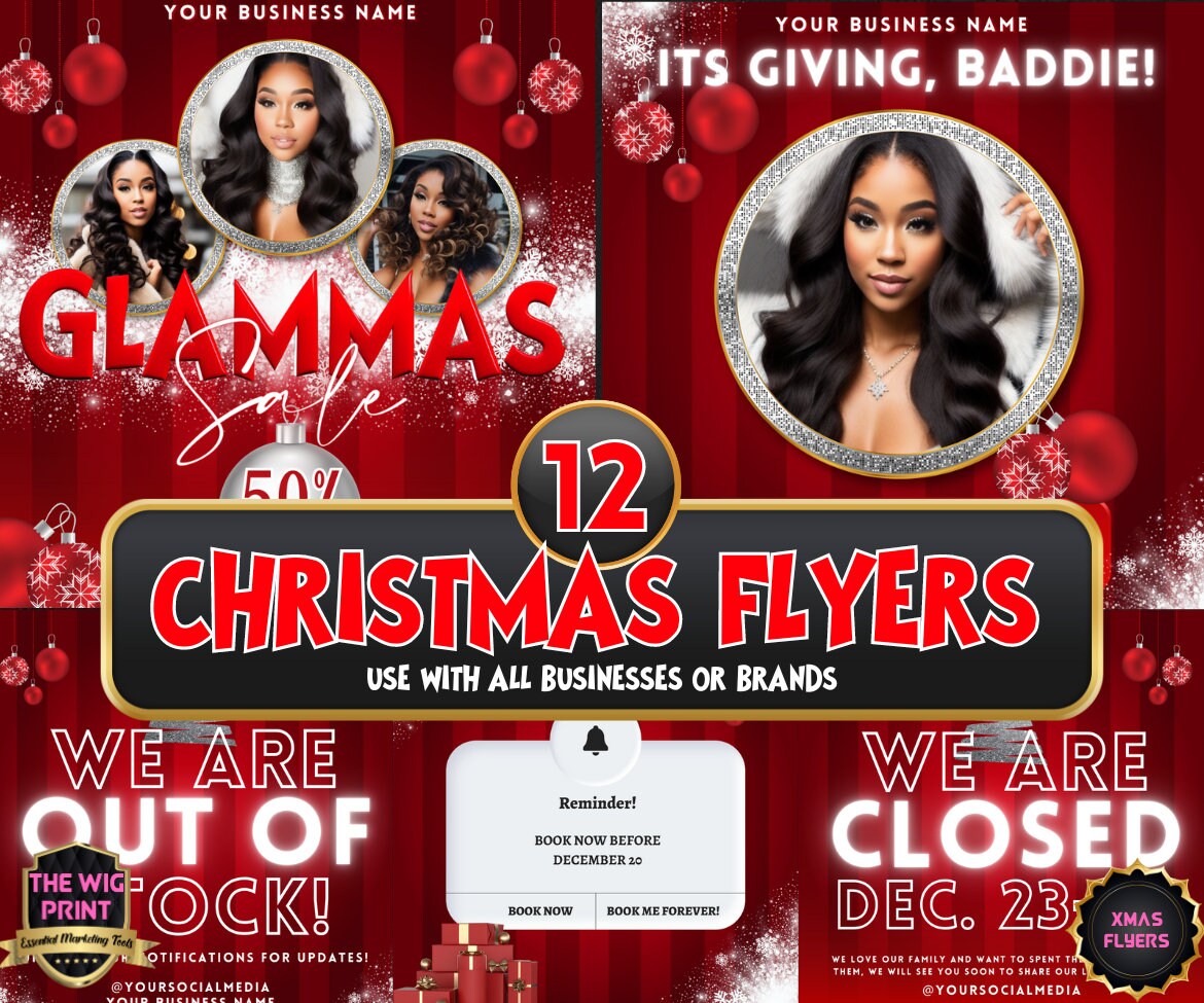 GLAMMAS XMas Bundle | 12 Flyers | Hair + Wig, Nail, Lashes, & Makeup Industry | Pink | DIY | CANVA | Instagram | Facebook