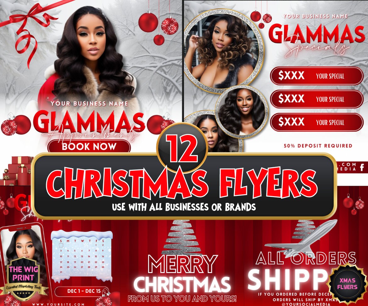 GLAMMAS XMas Bundle | 12 Flyers | Hair + Wig, Nail, Lashes, & Makeup Industry | Pink | DIY | CANVA | Instagram | Facebook