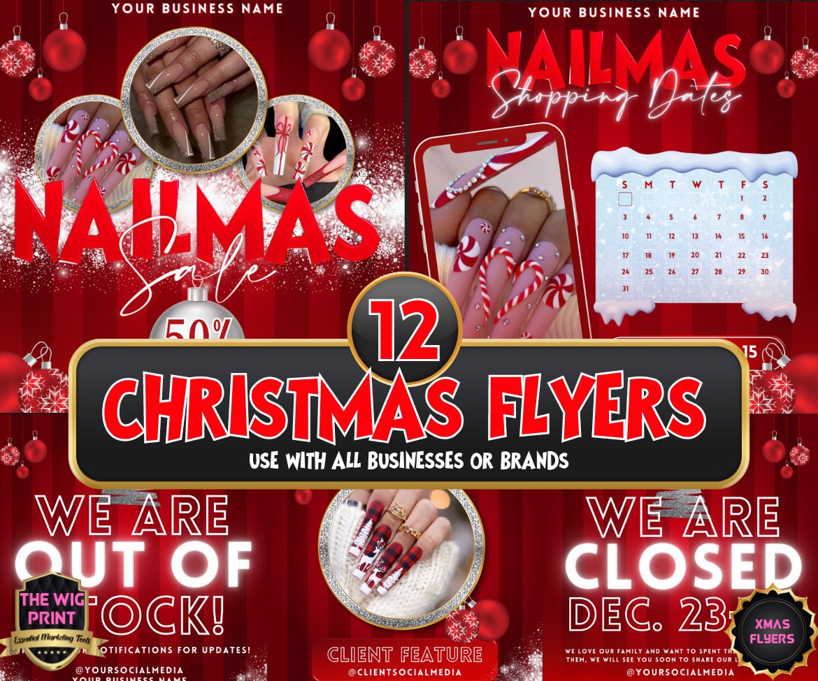 NAILMAS XMas Bundle | 12 Flyers | Hair + Wig, Nail, Lashes, & Makeup Industry | Pink | DIY | CANVA | Instagram | Facebook