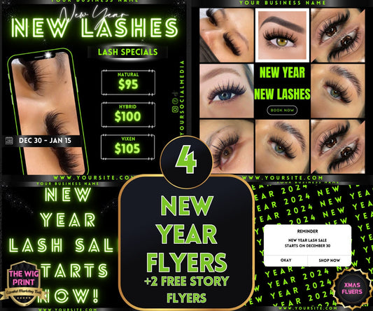 New Year New Lashes 2024 | 4 Flyers | Hair + Wig, Nail, Lashes, & Makeup Industry | Pink | DIY | CANVA | Instagram | Facebook