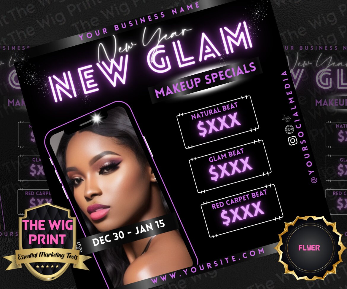 New Year New Glam 2024 | 4 Flyers | Hair + Wig, Nail, Lashes, & Makeup Industry | Pink | DIY | CANVA | Instagram | Facebook