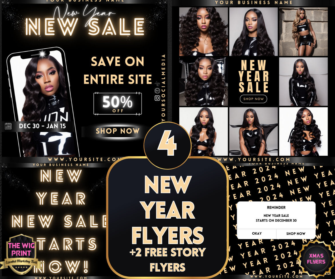 New Year New Sale 2024 | 4 Flyers | Hair + Wig, Nail, Lashes, & Makeup Industry | Pink | DIY | CANVA | Instagram | Facebook