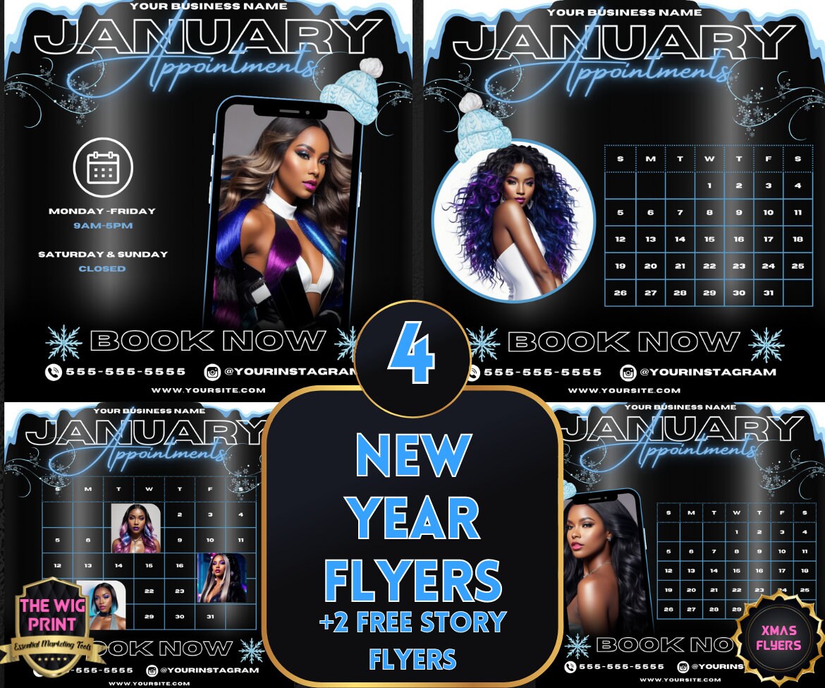 January Appointments | 4 Flyers | Hair + Wig, Nail, Lashes, & Makeup Industry | Black | DIY | CANVA | Instagram | Facebook