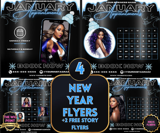 January Appointments | 4 Flyers | Hair + Wig, Nail, Lashes, & Makeup Industry | Black | DIY | CANVA | Instagram | Facebook