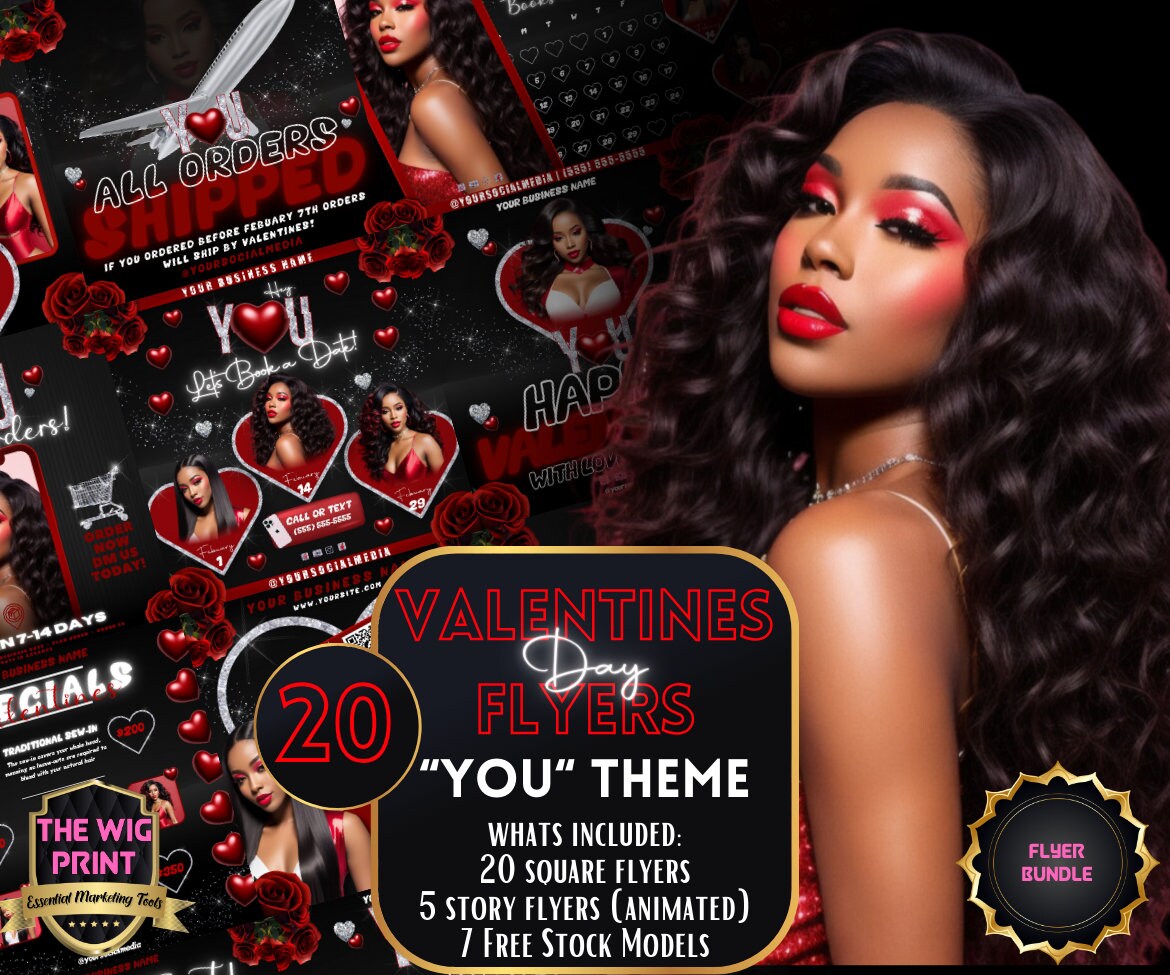 Valentines Sale 20 Flyers | YOU Theme | Red + Black | Hair + Wig, Nail, Lashes, & Makeup Industry | DIY | CANVA | Instagram | Facebook