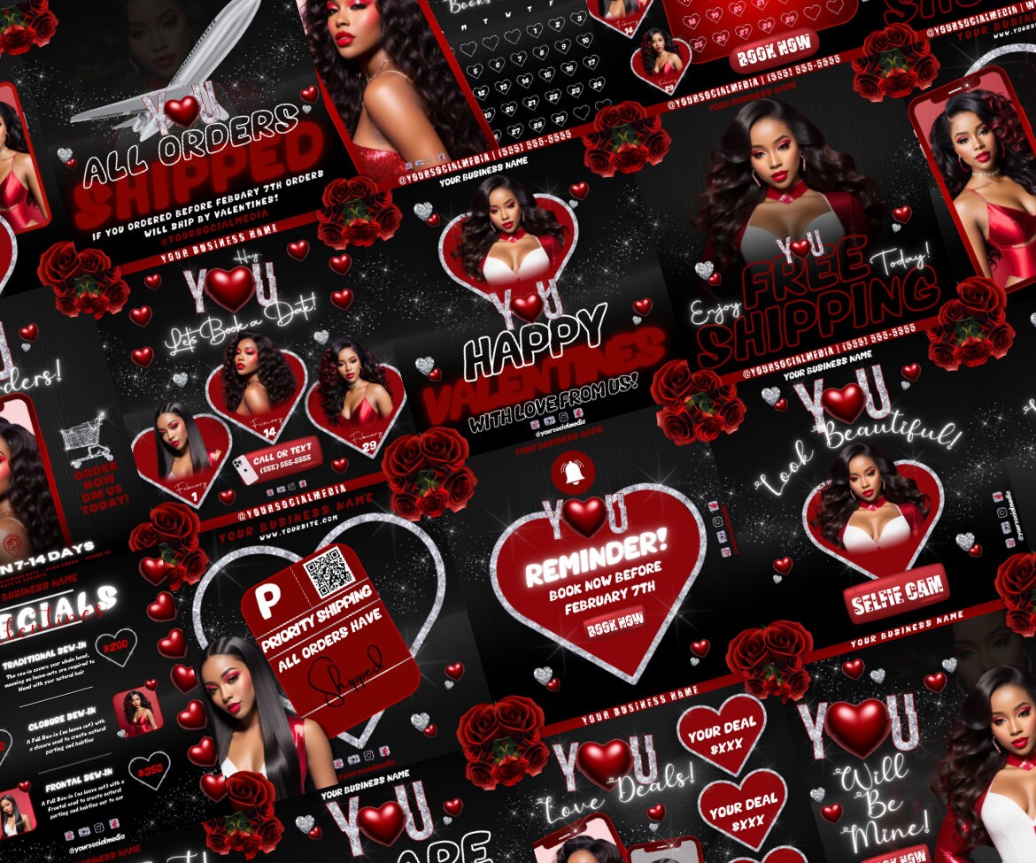 Valentines Sale 20 Flyers | YOU Theme | Red + Black | Hair + Wig, Nail, Lashes, & Makeup Industry | DIY | CANVA | Instagram | Facebook