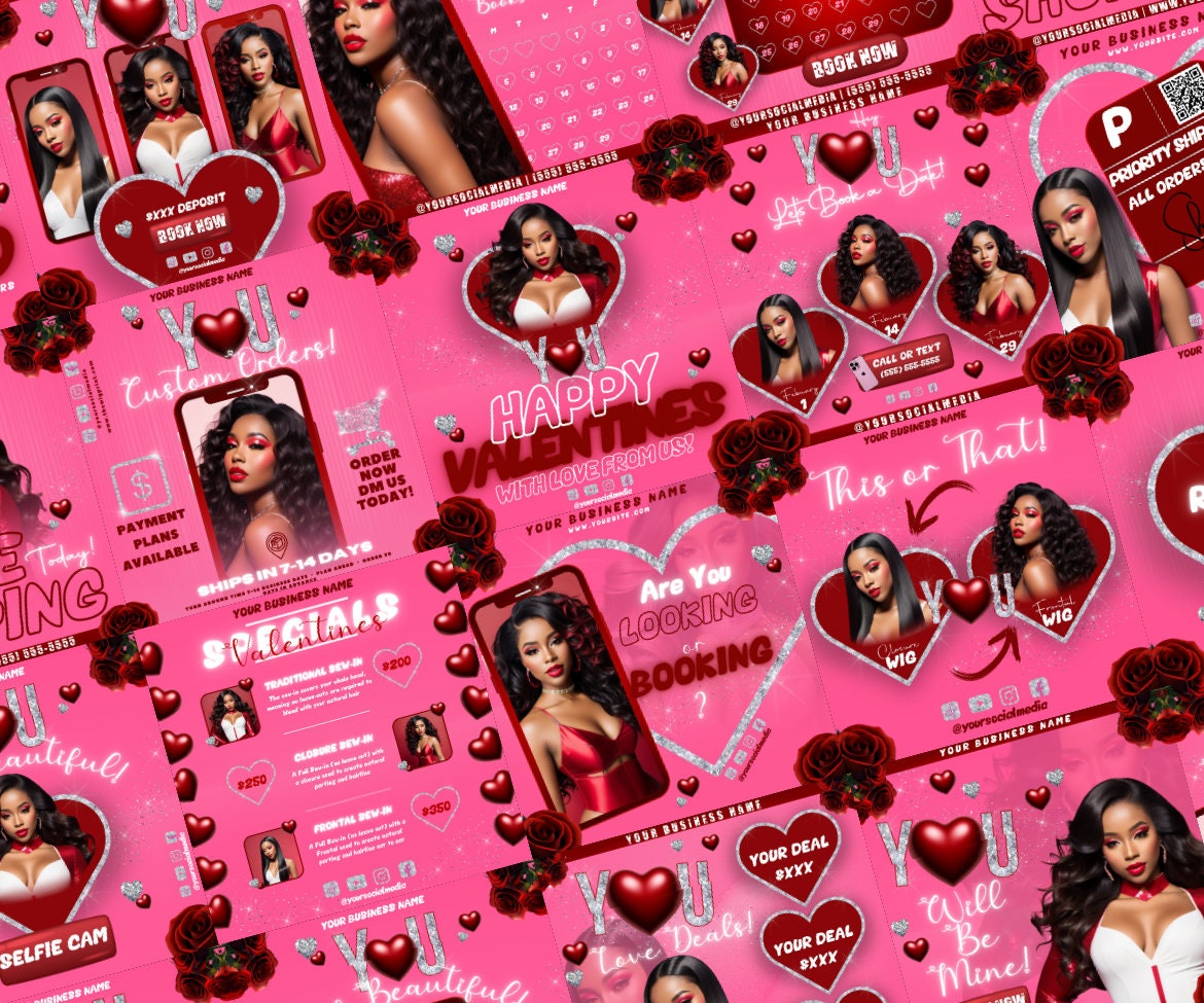 Valentines Sale 20 Flyers | YOU Theme | Red + Pink | Hair + Wig, Nail, Lashes, & Makeup Industry | DIY | CANVA | Instagram | Facebook