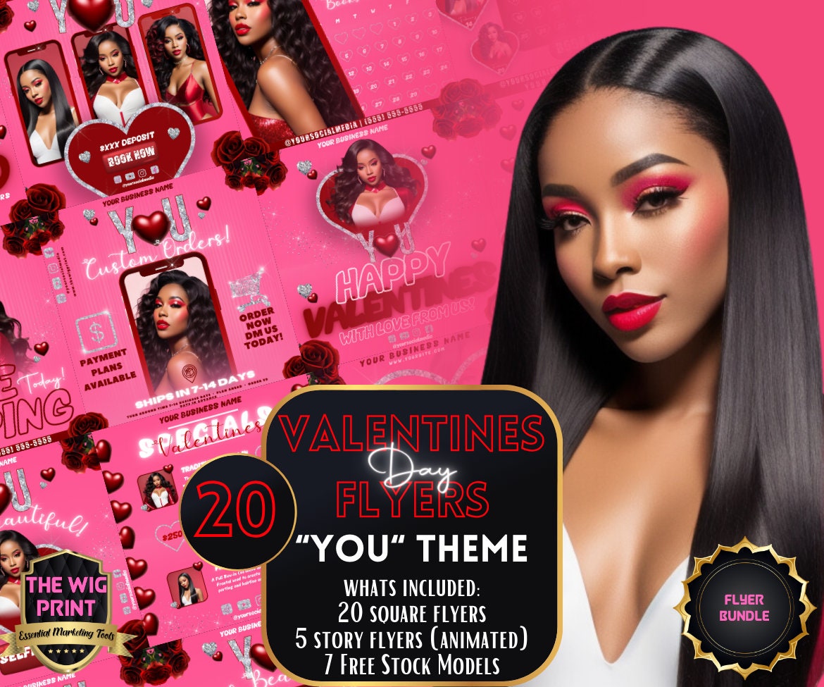 Valentines Sale 20 Flyers | YOU Theme | Red + Pink | Hair + Wig, Nail, Lashes, & Makeup Industry | DIY | CANVA | Instagram | Facebook