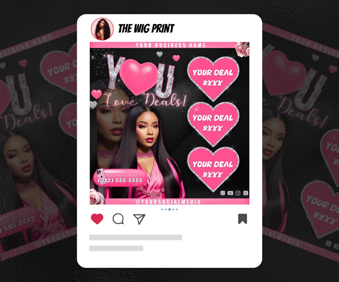 Valentines Sale 20 Flyers | YOU Theme | Pink + Black | Hair + Wig, Nail, Lashes, & Makeup Industry | DIY | CANVA | Instagram | Facebook