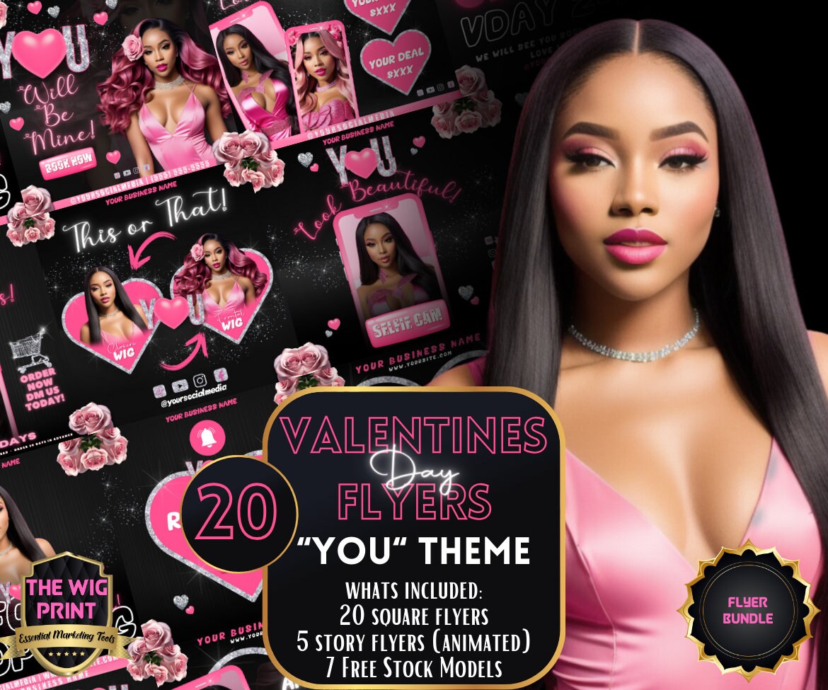 Valentines Sale 20 Flyers | YOU Theme | Pink + Black | Hair + Wig, Nail, Lashes, & Makeup Industry | DIY | CANVA | Instagram | Facebook