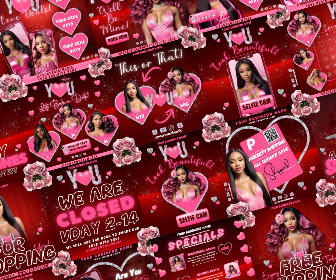 Valentines Sale 20 Flyers | YOU Theme | Pink + Red | Hair + Wig, Nail, Lashes, & Makeup Industry | DIY | CANVA | Instagram | Facebook