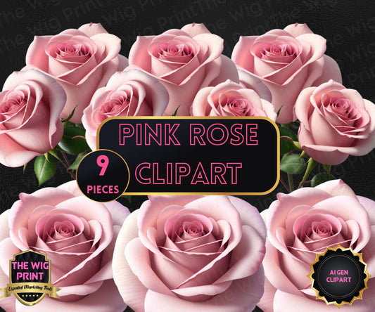 Pink Rose Clip Art | Ai Generated | PNG | 9 pieces | Transparent Background | Design Elements