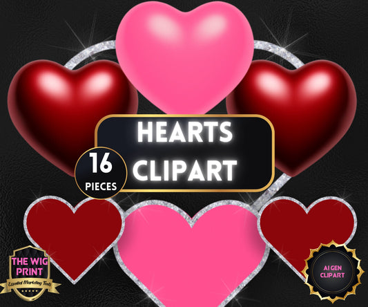 HEARTS Clip Art | Ai Generated | PNG | 16 pieces | Transparent Background | Design Elements