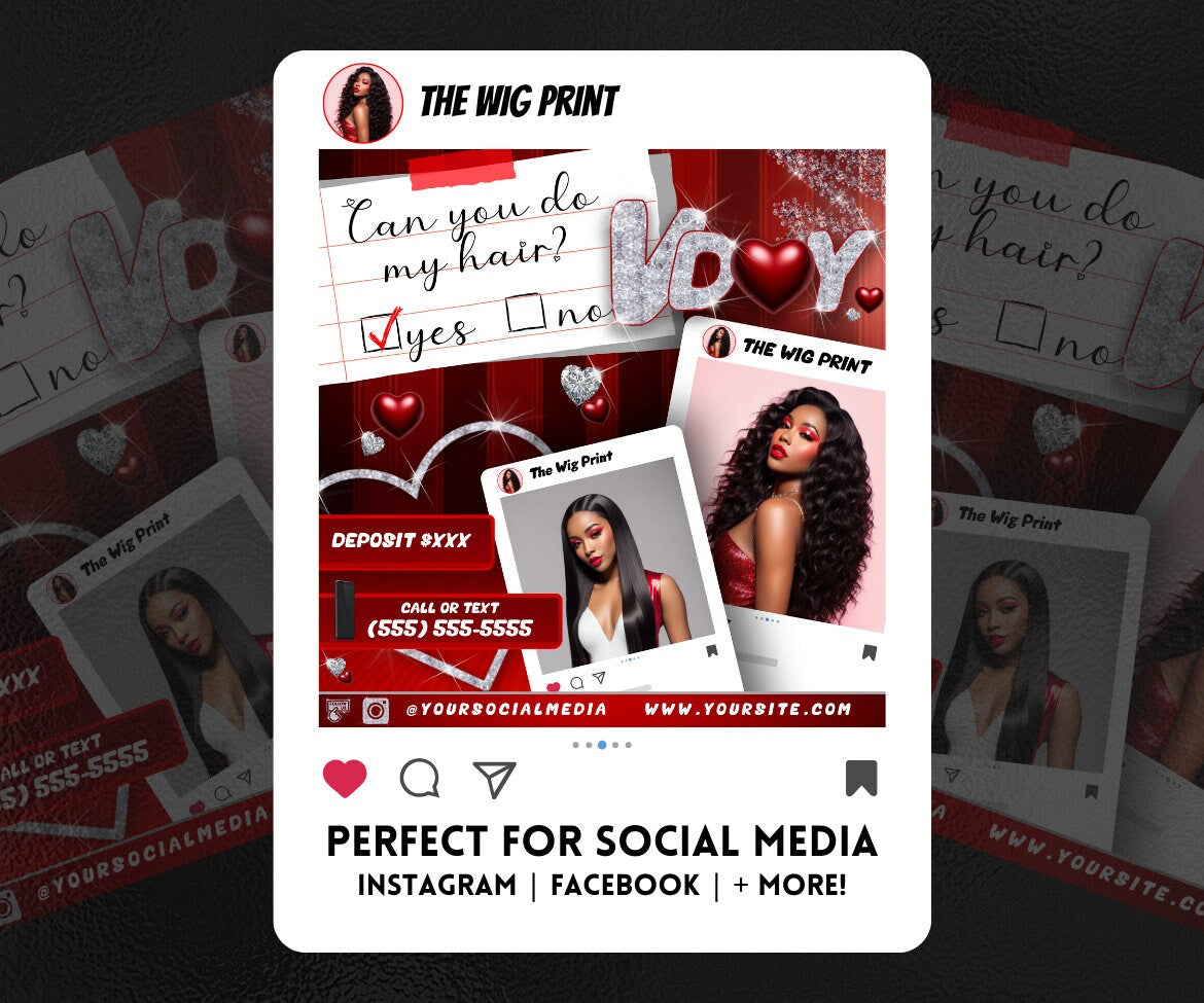 Valentines Bookings | 8 Flyers | Red Hearts v1 | Hair + Wig, Nail, Lashes, & Makeup Industry | DIY | CANVA | Instagram | Facebook