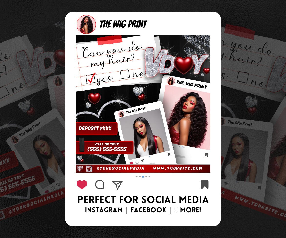 Valentines Bookings | 8 Flyers | Red Hearts v2 | Hair + Wig, Nail, Lashes, & Makeup Industry | DIY | CANVA | Instagram | Facebook