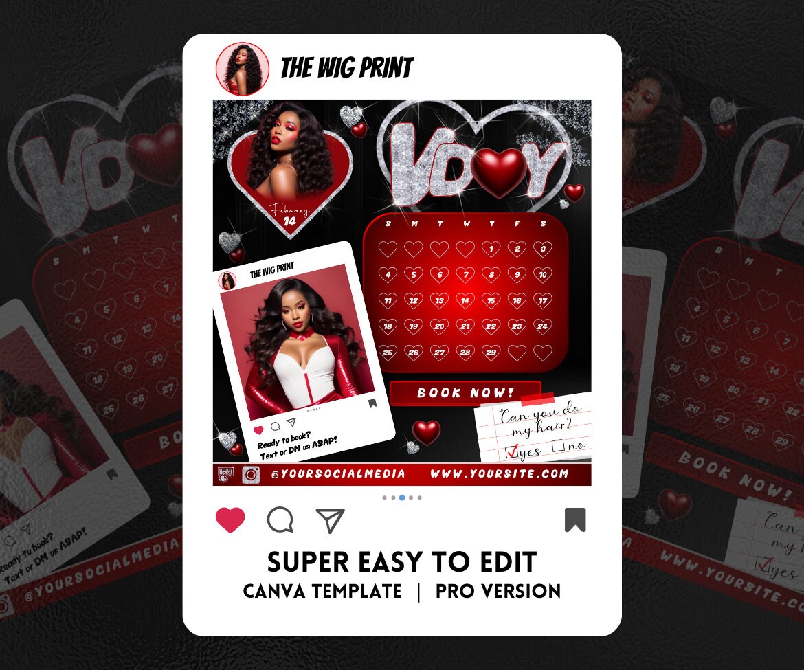 Valentines Bookings | 8 Flyers | Red Hearts v2 | Hair + Wig, Nail, Lashes, & Makeup Industry | DIY | CANVA | Instagram | Facebook