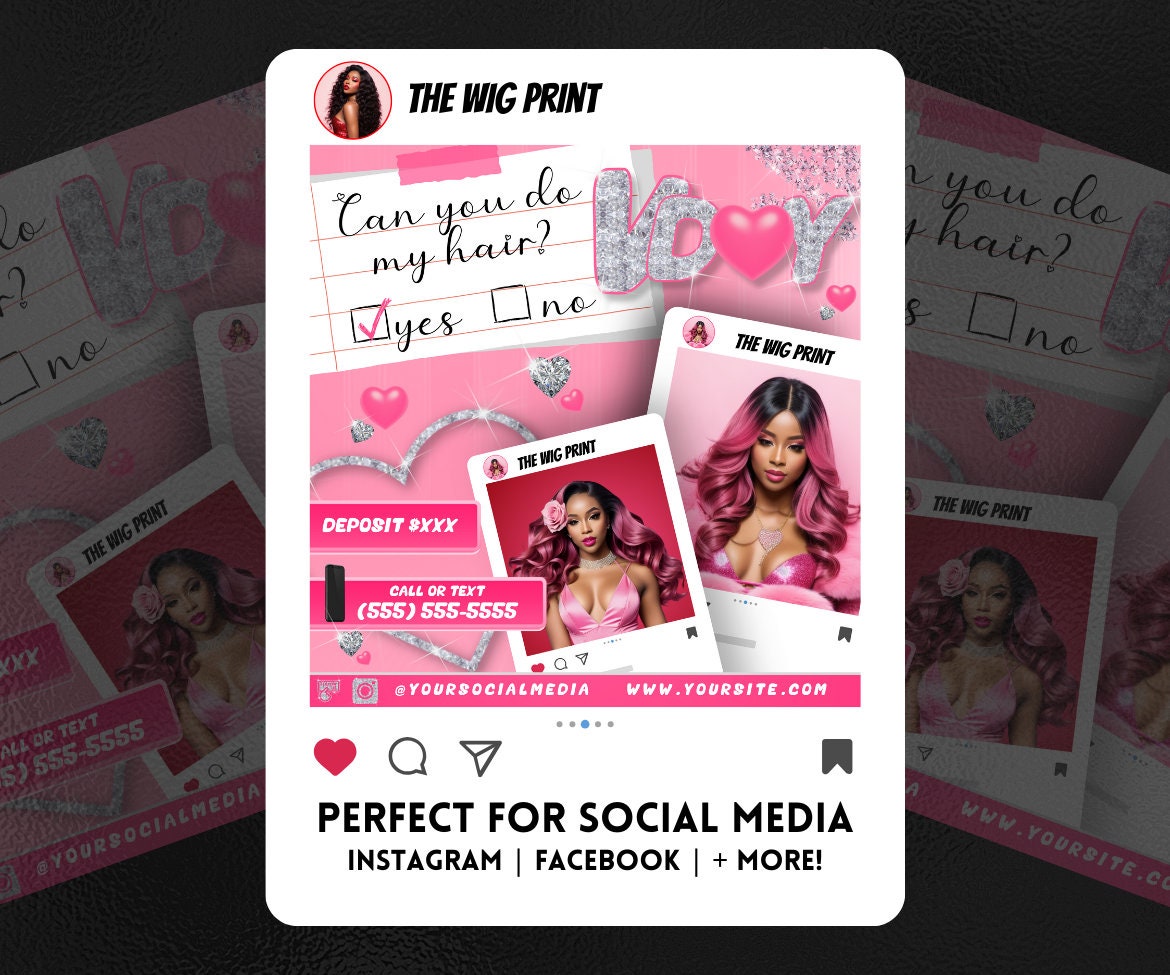 Valentines Bookings | 8 Flyers | Pink Hearts v1 | Hair + Wig, Nail, Lashes, & Makeup Industry | DIY | CANVA | Instagram | Facebook