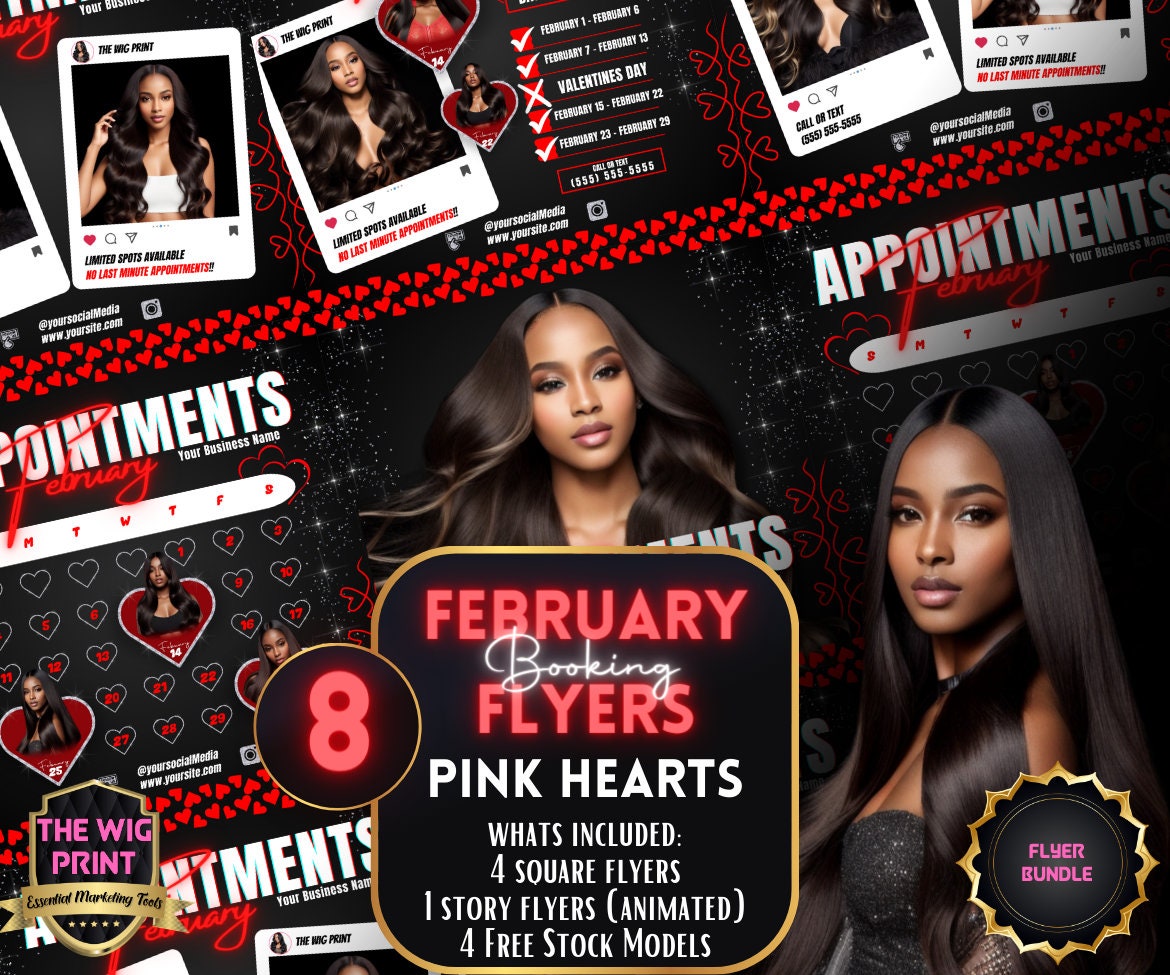 February Bookings | 4 Flyers | Red Hearts | Hair + Wig, Nail, Lashes, & Makeup Industry | DIY | CANVA | Instagram | Facebook