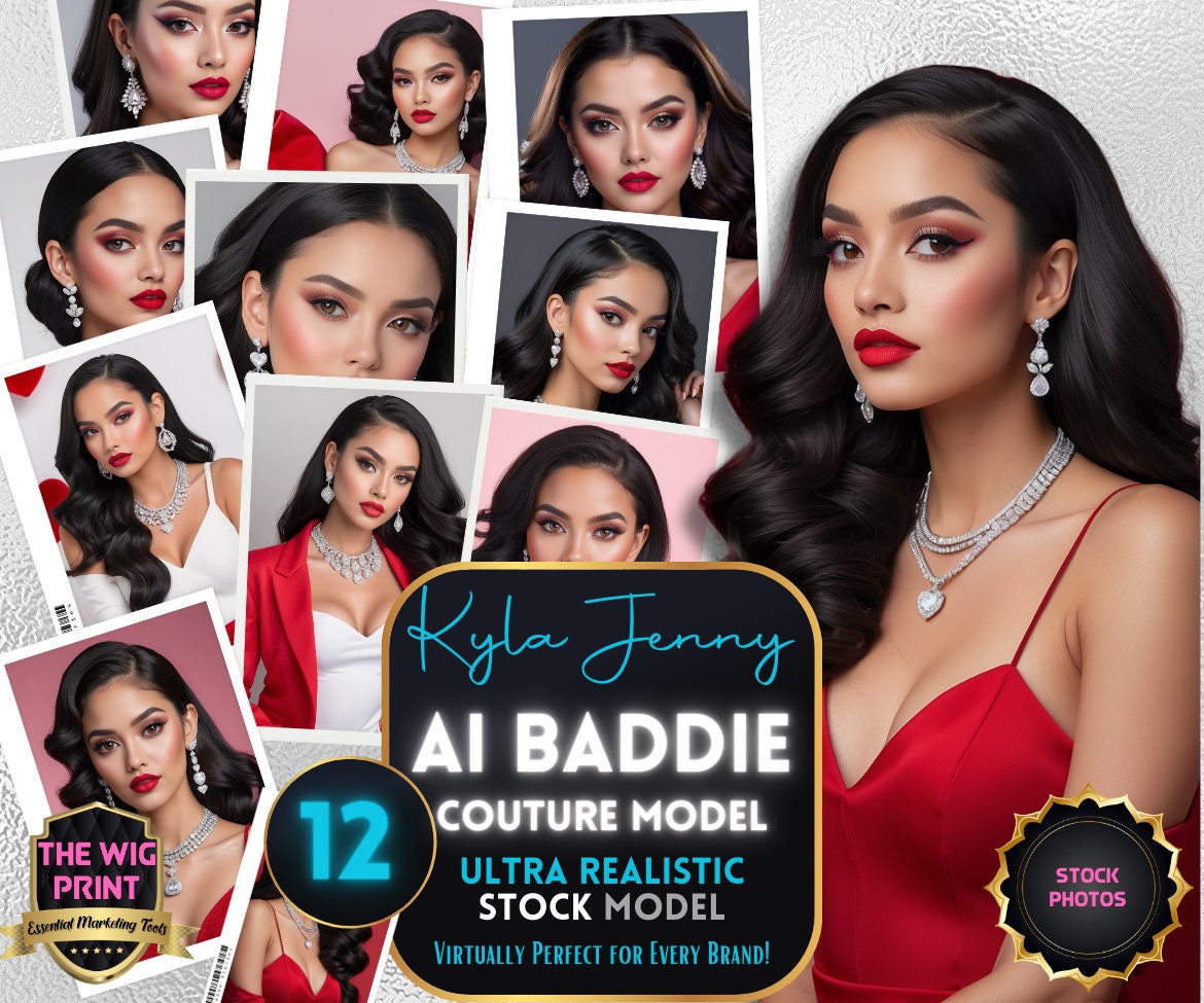 Ai Baddie Kyla Jenny | Pretty in Red | 12+ Couture Model Stock Photos | Wearing Red + Diamonds | Ultra Realistic