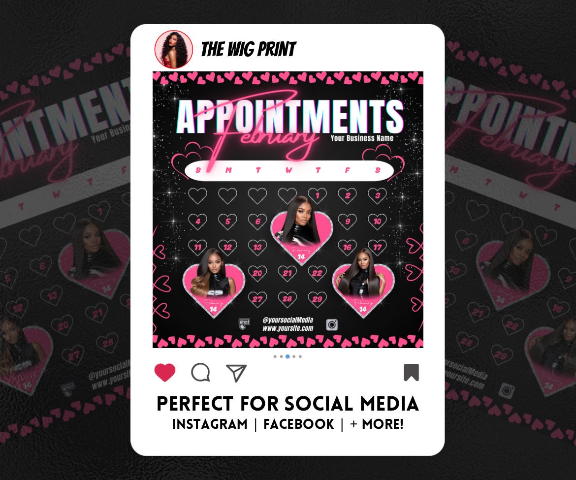 February Appointments | 1 Flyer | Pink Hearts | Hair + Wig, Nail, Lashes, & Makeup Industry | DIY | CANVA | Instagram | Facebook