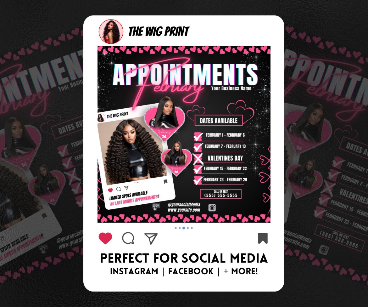 February Appointments | 1 Flyer | Pink Hearts | Hair + Wig, Nail, Lashes, & Makeup Industry | DIY | CANVA | Instagram | Facebook