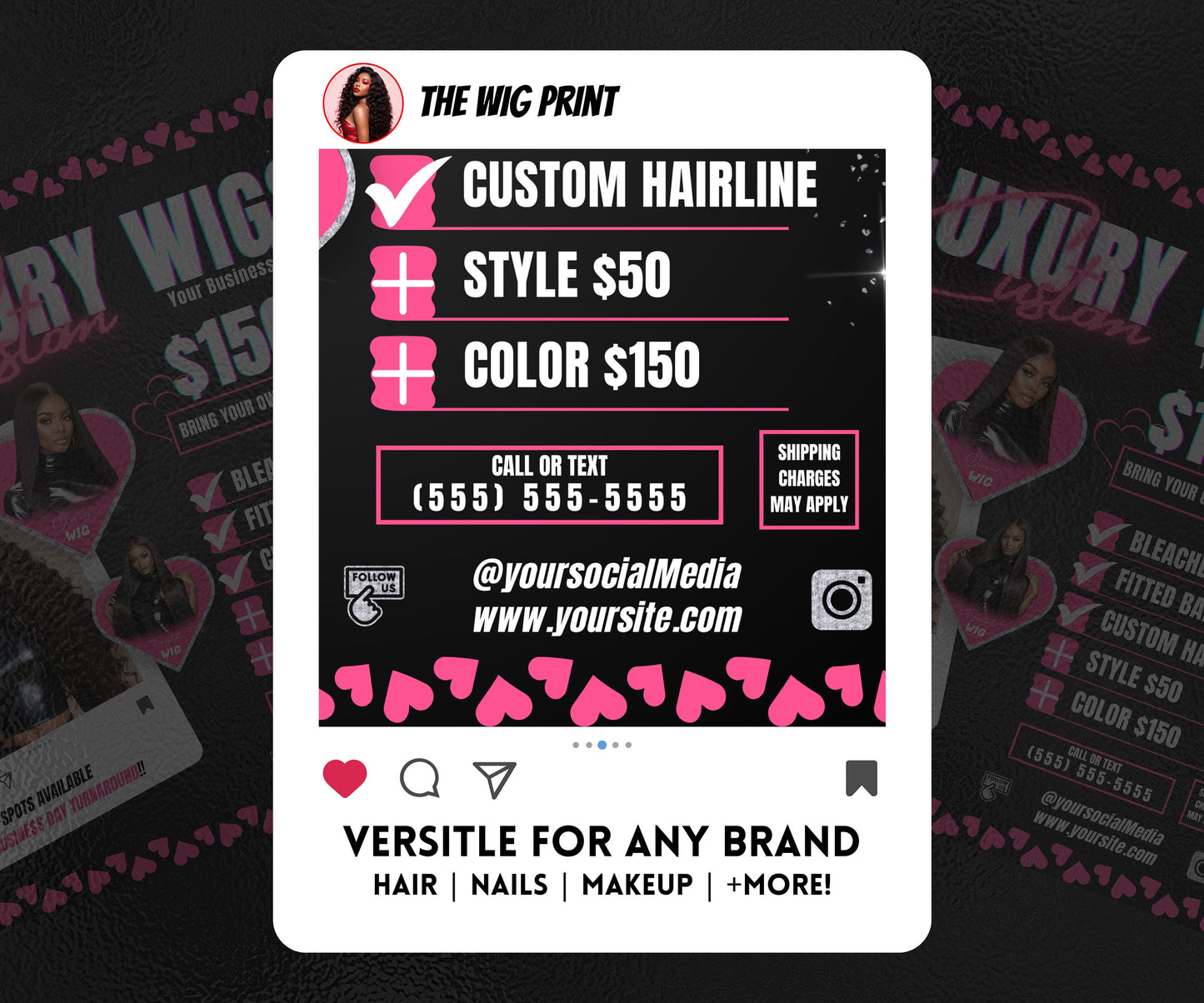 Luxury Custom Wigs | 1 Flyer | Pink Hearts | Hair + Wig, Nail, Lashes, & Makeup Industry | DIY | CANVA | Instagram | Facebook