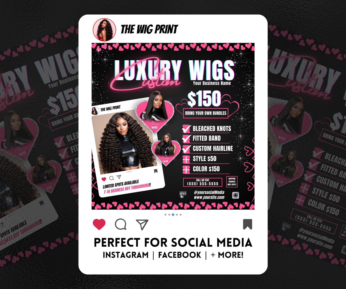 Luxury Custom Wigs | 1 Flyer | Pink Hearts | Hair + Wig, Nail, Lashes, & Makeup Industry | DIY | CANVA | Instagram | Facebook