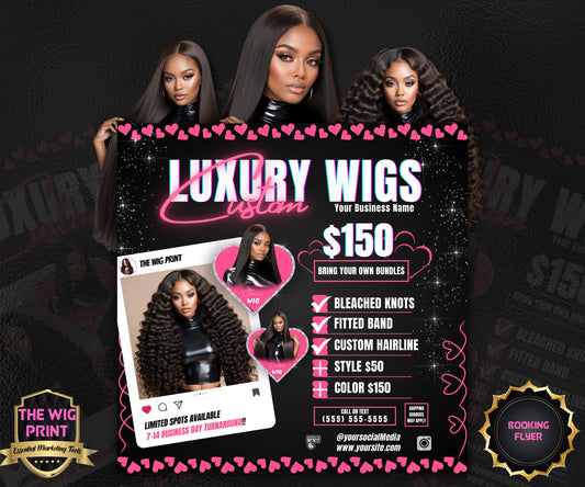 Luxury Custom Wigs | 1 Flyer | Pink Hearts | Hair + Wig, Nail, Lashes, & Makeup Industry | DIY | CANVA | Instagram | Facebook