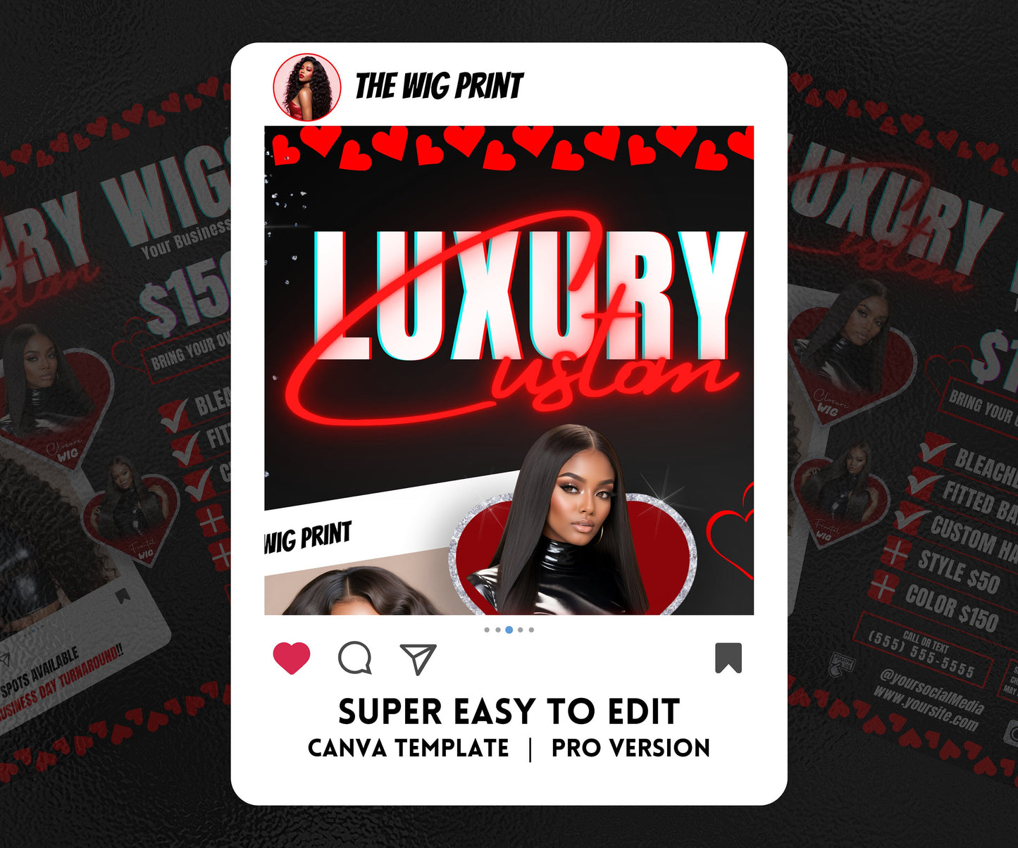 Luxury Custom Wigs | 1 Flyer | Red Hearts | Hair + Wig, Nail, Lashes, & Makeup Industry | DIY | CANVA | Instagram | Facebook