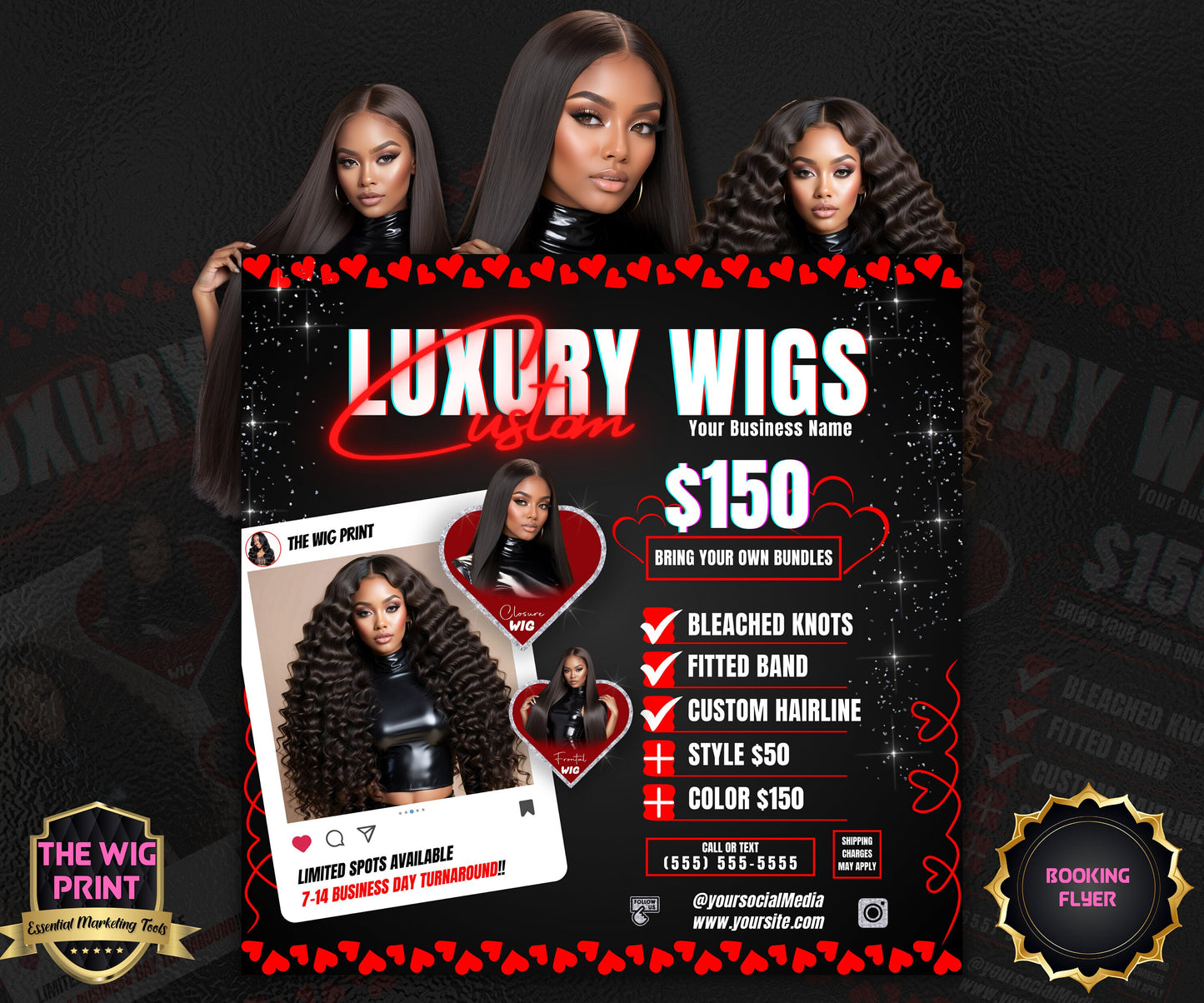 Luxury Custom Wigs | 1 Flyer | Red Hearts | Hair + Wig, Nail, Lashes, & Makeup Industry | DIY | CANVA | Instagram | Facebook