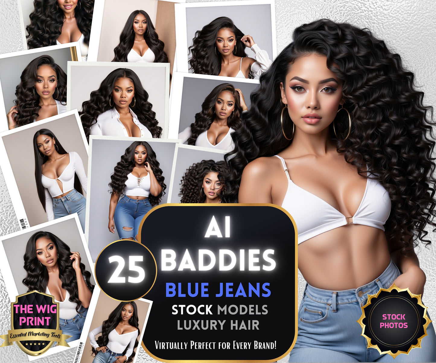 Ai Baddies Luxury Hair | 25 Models | Wearing Blue Jeans | UHD Hair Photography | Model Stock Photos