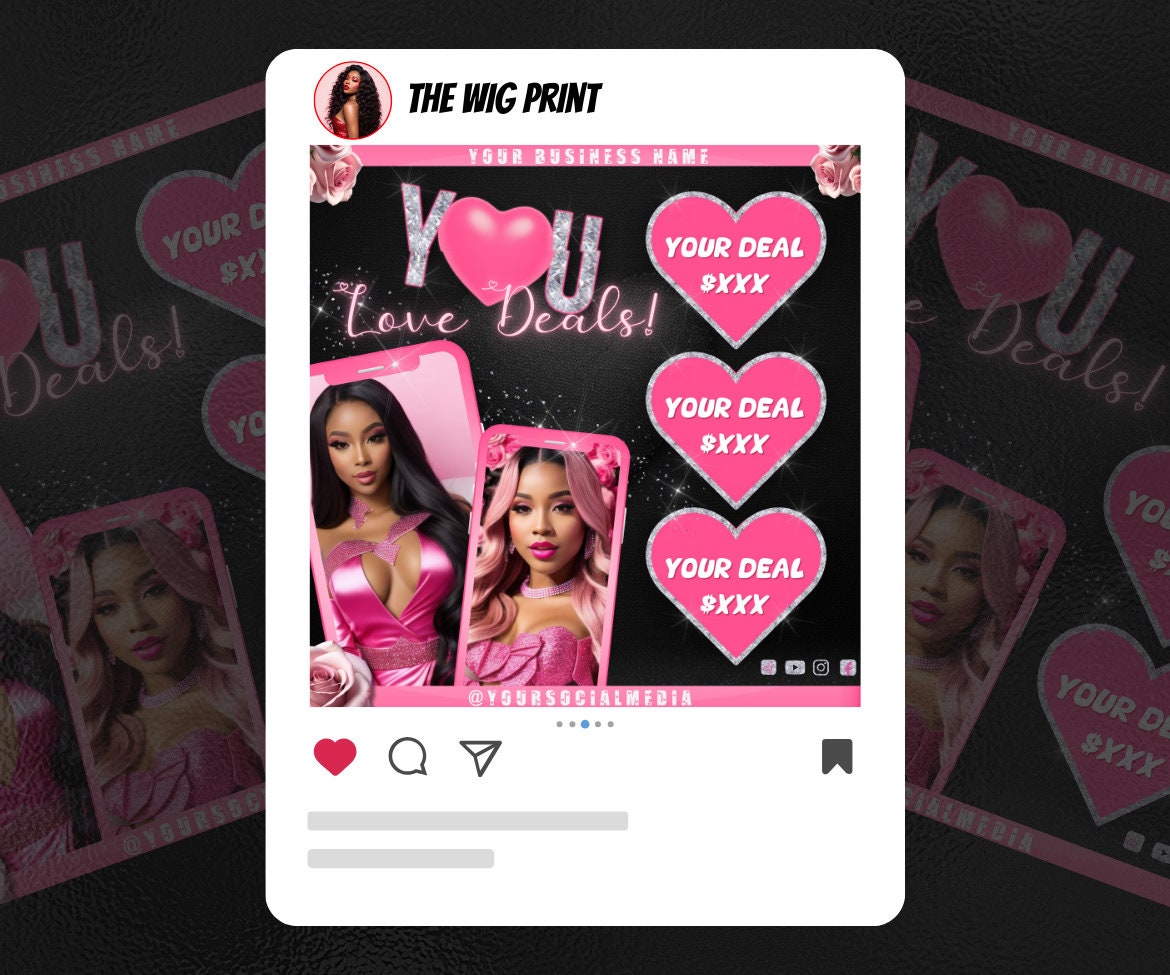 Valentines Sale 20 Flyers | YOU Theme | Pink + Black | Hair + Wig, Nail, Lashes, & Makeup Industry | DIY | CANVA | Instagram | Facebook