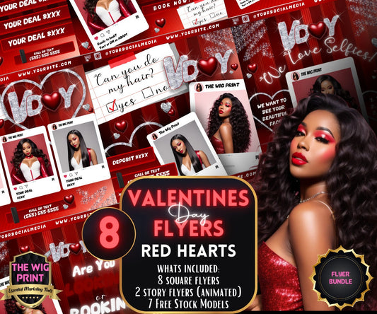 Valentines Bookings | 8 Flyers | Red Hearts v1 | Hair + Wig, Nail, Lashes, & Makeup Industry | DIY | CANVA | Instagram | Facebook