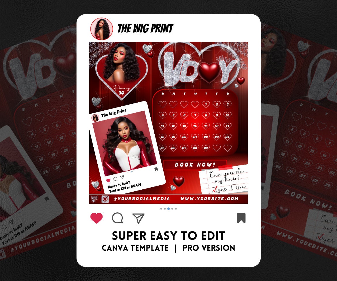 Valentines Bookings | 8 Flyers | Red Hearts v1 | Hair + Wig, Nail, Lashes, & Makeup Industry | DIY | CANVA | Instagram | Facebook