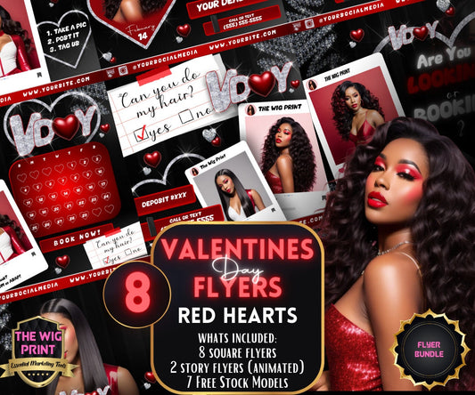 Valentines Bookings | 8 Flyers | Red Hearts v2 | Hair + Wig, Nail, Lashes, & Makeup Industry | DIY | CANVA | Instagram | Facebook