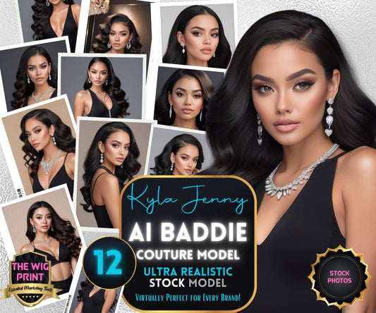 Ai Baddie Kyla Jenny | Pretty in Black | 12+ Model Stock Photos | Wearing Black + Diamonds | Ultra Realistic