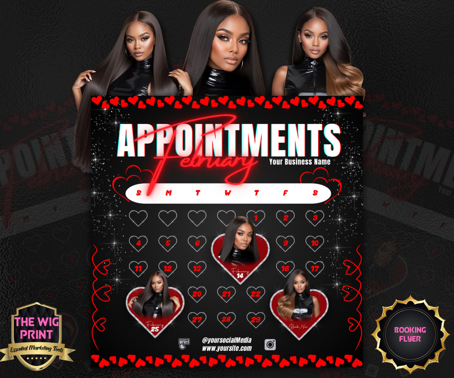 February Appointments | 1 Flyer | Red Hearts | Hair + Wig, Nail, Lashes, & Makeup Industry | DIY | CANVA | Instagram | Facebook