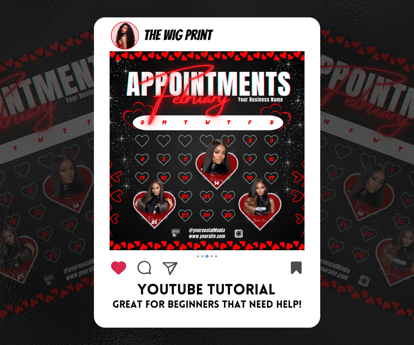 February Appointments | 1 Flyer | Red Hearts | Hair + Wig, Nail, Lashes, & Makeup Industry | DIY | CANVA | Instagram | Facebook