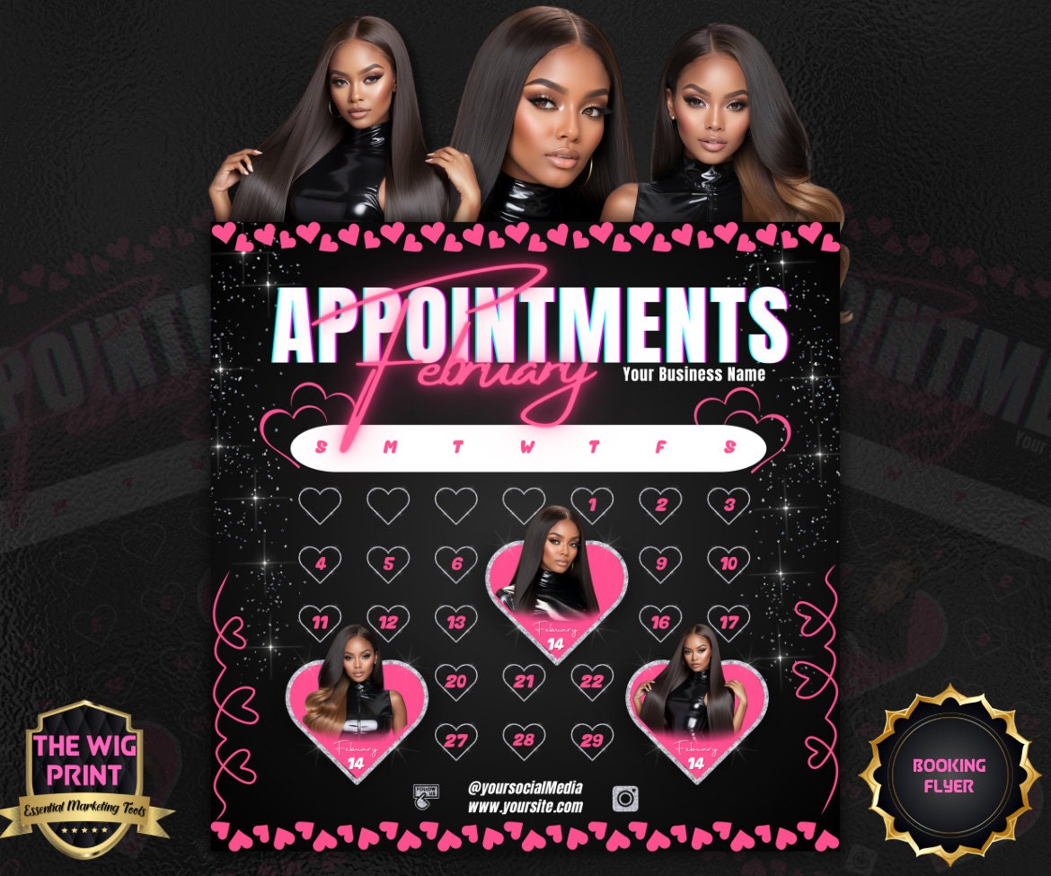 February Appointments | 1 Flyer | Pink Hearts | Hair + Wig, Nail, Lashes, & Makeup Industry | DIY | CANVA | Instagram | Facebook