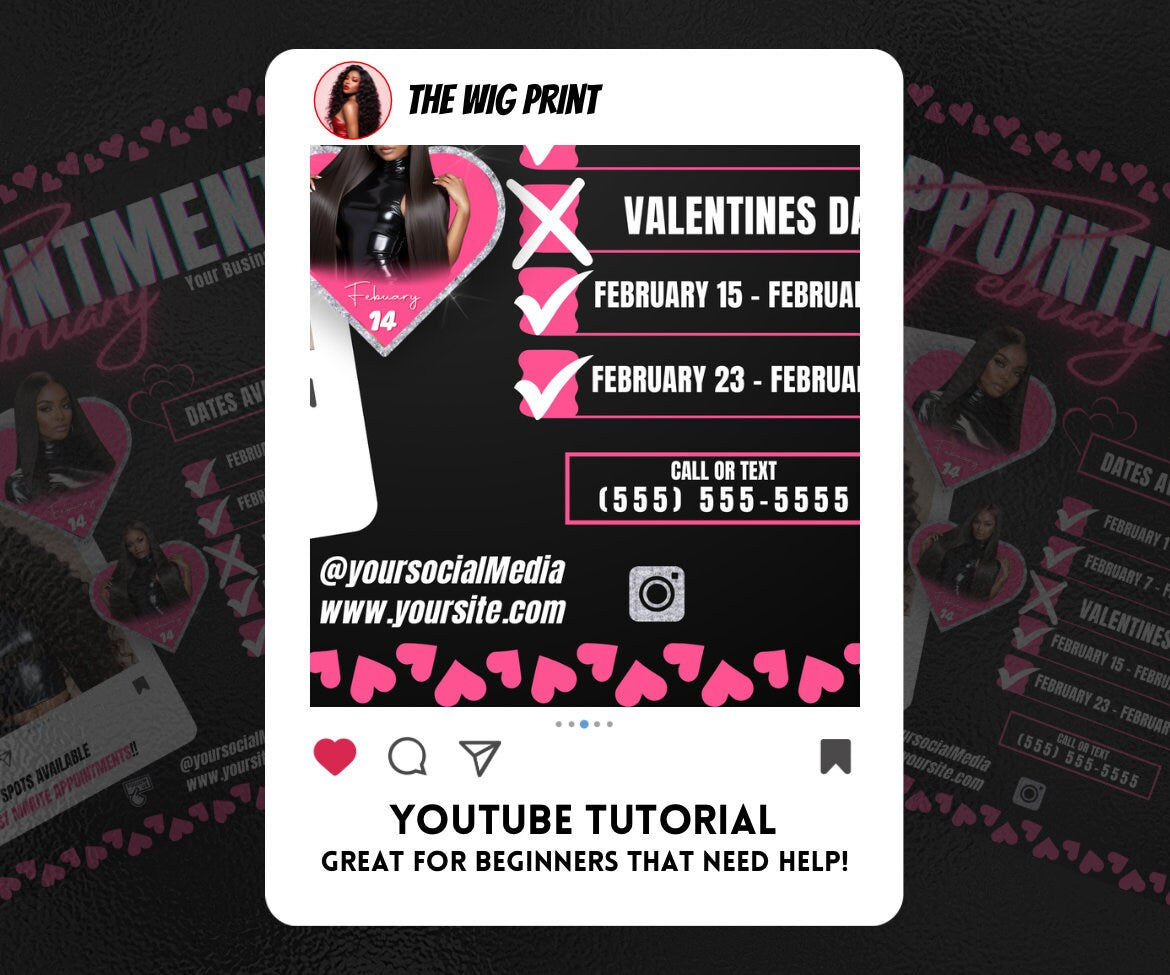 February Appointments | 1 Flyer | Pink Hearts | Hair + Wig, Nail, Lashes, & Makeup Industry | DIY | CANVA | Instagram | Facebook