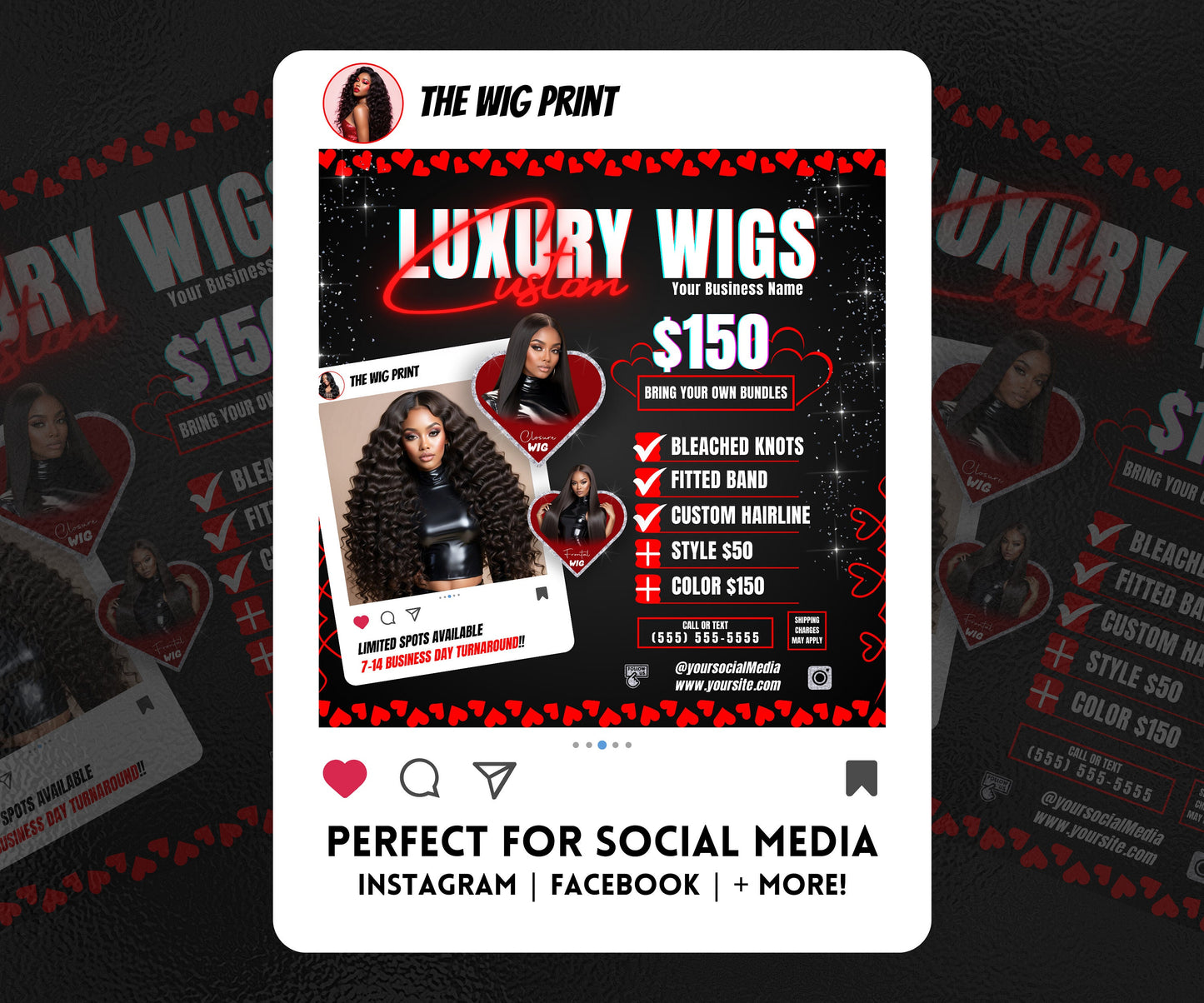 Luxury Custom Wigs | 1 Flyer | Red Hearts | Hair + Wig, Nail, Lashes, & Makeup Industry | DIY | CANVA | Instagram | Facebook