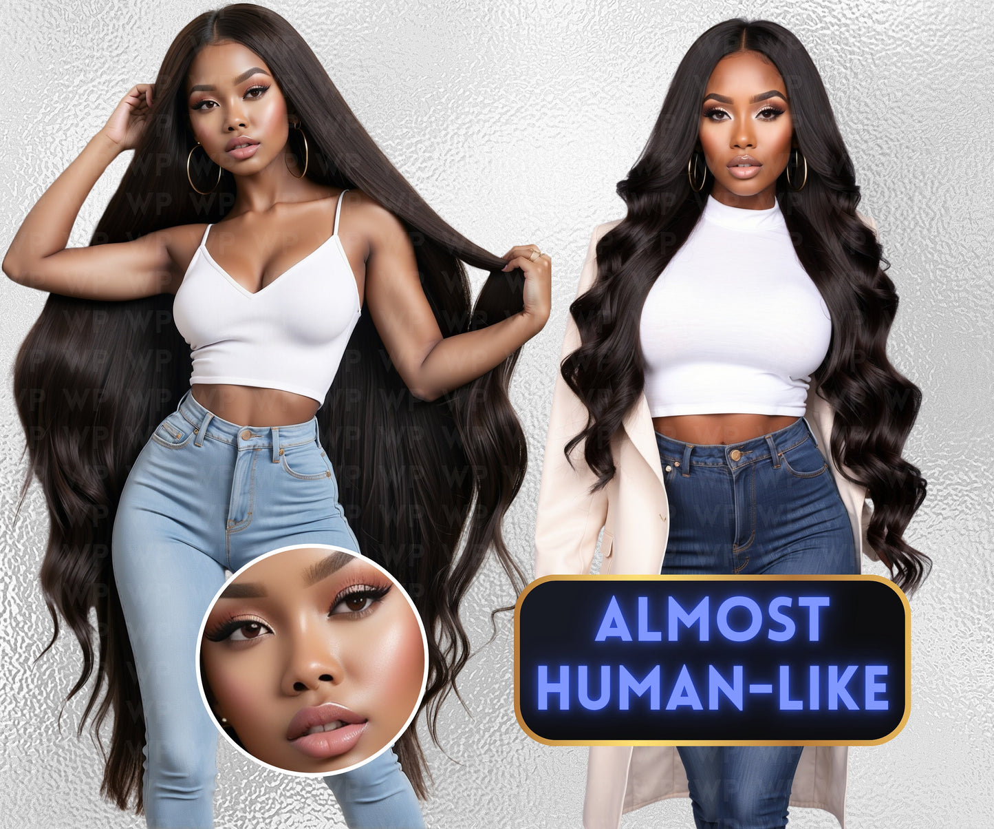 Ai Baddies Luxury Hair | 25 Models | Wearing Blue Jeans | UHD Hair Photography | Model Stock Photos