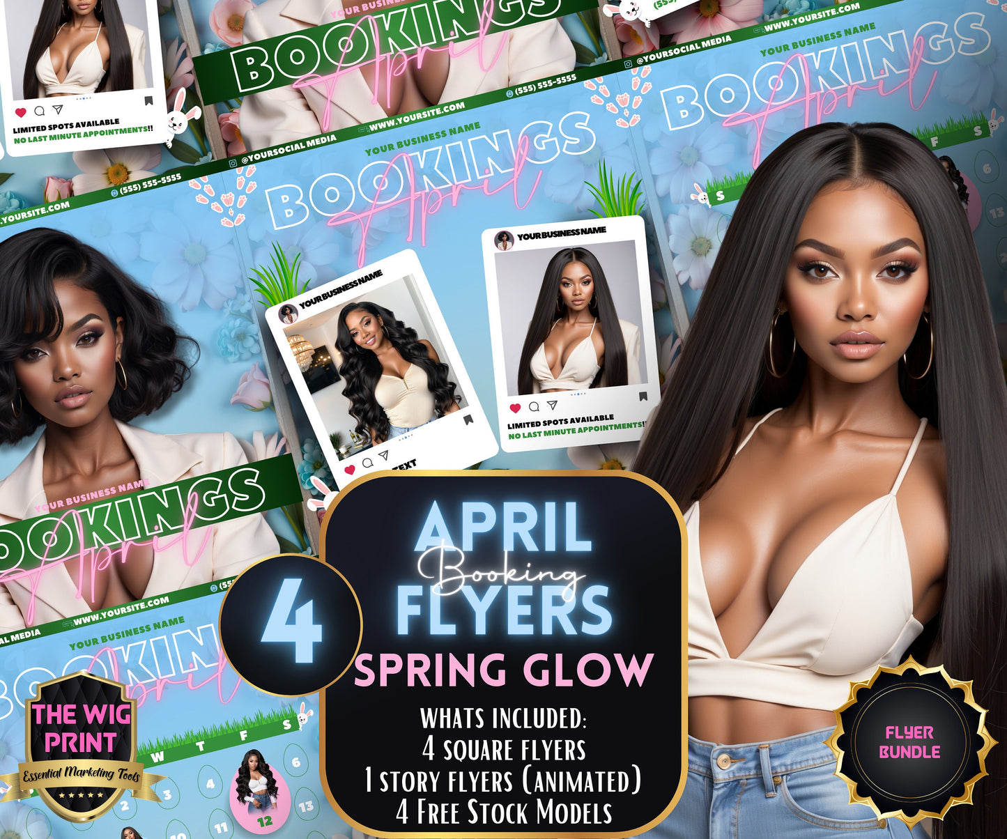 April Bookings | 4 Flyers | SPring GLow | Hair + Wig, Nail, Lashes, & Makeup Industry | DIY | CANVA | Instagram | Facebook