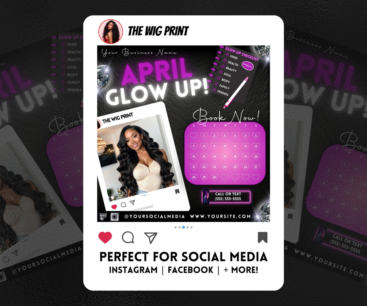 April Glow Up | 4 Flyers | Purple Theme | Hair + Wig, Nail, Lashes, & Makeup Industry | DIY | CANVA | Instagram | Facebook