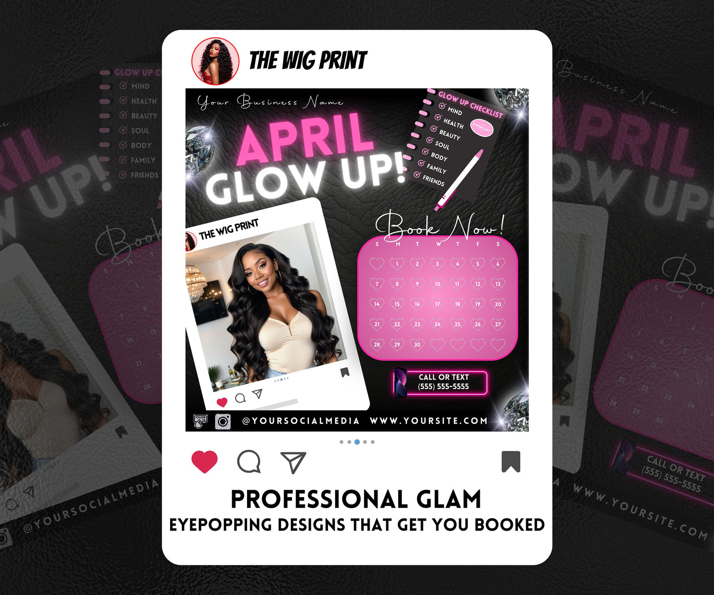 April Glow Up | 4 Flyers | Pink Theme | Hair + Wig, Nail, Lashes, & Makeup Industry | DIY | CANVA | Instagram | Facebook