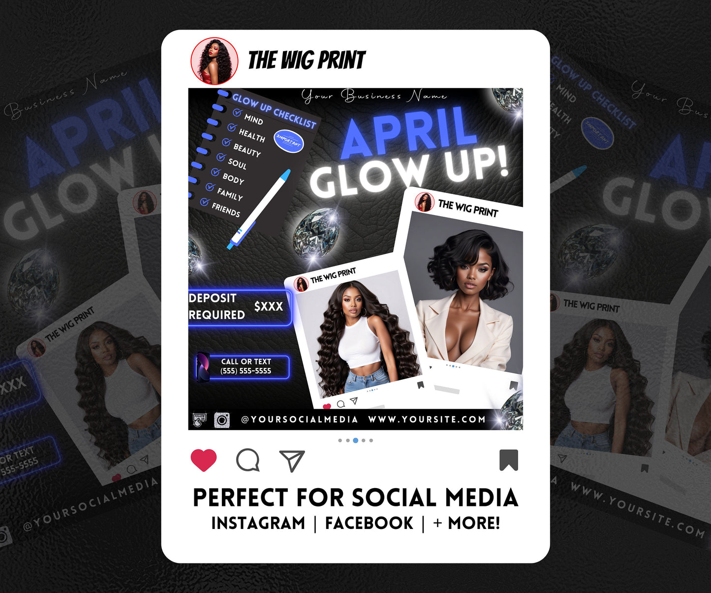 April Glow Up | 4 Flyers | Blue Theme | Hair + Wig, Nail, Lashes, & Makeup Industry | DIY | CANVA | Instagram | Facebook