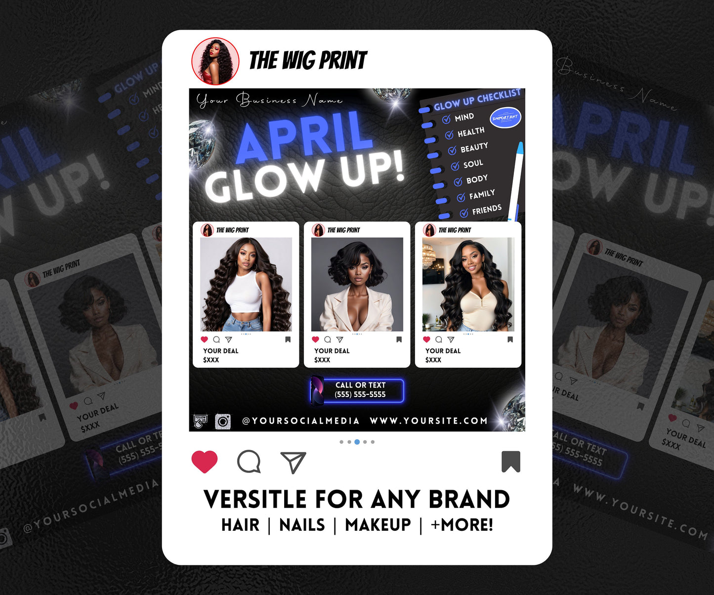 April Glow Up | 4 Flyers | Blue Theme | Hair + Wig, Nail, Lashes, & Makeup Industry | DIY | CANVA | Instagram | Facebook