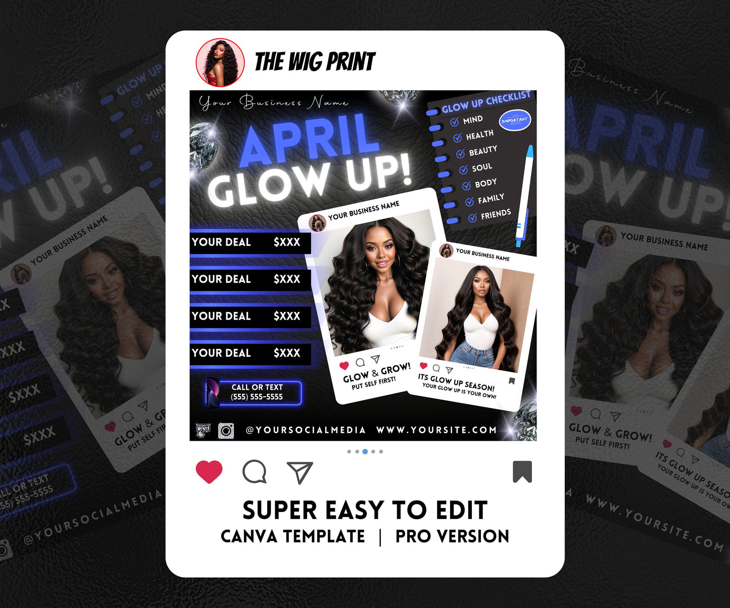 April Glow Up | 4 Flyers | Blue Theme | Hair + Wig, Nail, Lashes, & Makeup Industry | DIY | CANVA | Instagram | Facebook